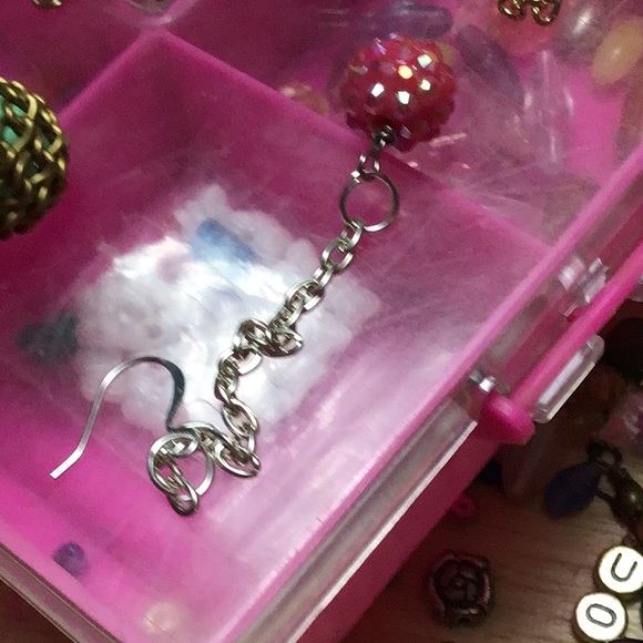 Pink bumpy beads, mirror ball earrings on silver metal chain and ear wire ES1 - Picture 4 of 4
